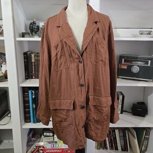 J Jill Love Linen Brown Rust Blazer Shacket Button Jacket 100% Linen Size Large
